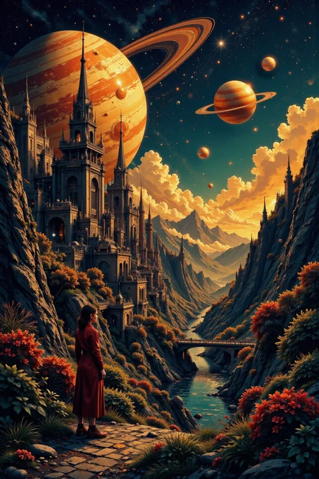 a city in Saturn beautiful  landscape, golden hour, woman, very intricate, very detailed, sharp, bright, colorful, <lora:Hand v2:1> <lora:Anti-Blur:1> <lora:Insane Detail Slider:0.5>  <lora:Flux.1_Turbo_Detailer:0.6> <lora:flux.1_lora_flyway_Epic-detail_v2:0.6> <lora:flux-charmer-v1-1:0.4><lora:Vibrantly_Sharp_style_v.5:0.4> <lora:The_Dark_Side_Of_The_Future:0.7> <lora:Neurocore Anime Cyberpunk v2.0:0.7> A digital artwork in the style of cknc