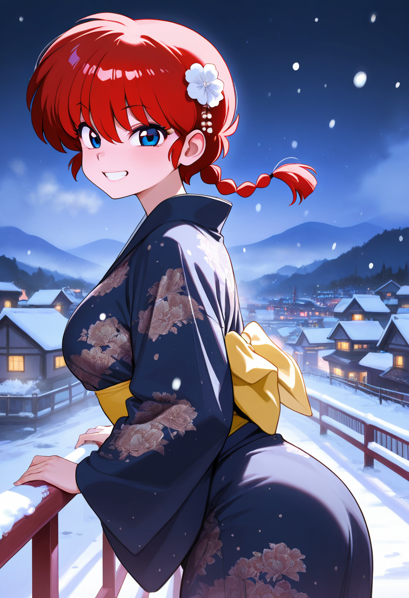 ranma, red hair, masterpiece, best quality, amazing quality, ultra detailed, solo, 1girl, adult, print kimono, hair ornament, night, particles, grin, looking at viewer, snow, cowboy shot, from side, handrail, valley, town, fog,