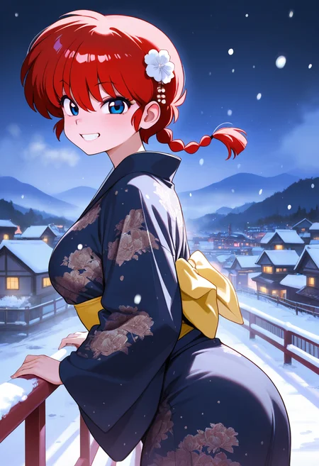 ranma, red hair, masterpiece, best quality, amazing quality, ultra detailed, solo, 1girl, adult, print kimono, hair ornament, night, particles, grin, looking at viewer, snow, cowboy shot, from side, handrail, valley, town, fog,