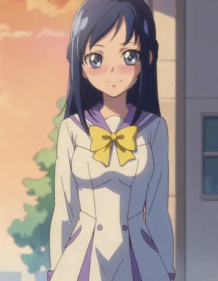score_9, score_8_up, score_7_up, anime screencap, solo, 1girl, hishikawarikka, smile, sailor collar, school uniform, blue sailor collar,yellow bow ,cowboy shot,medium breasts,blush,<lora:hishikawarikka:0.8>