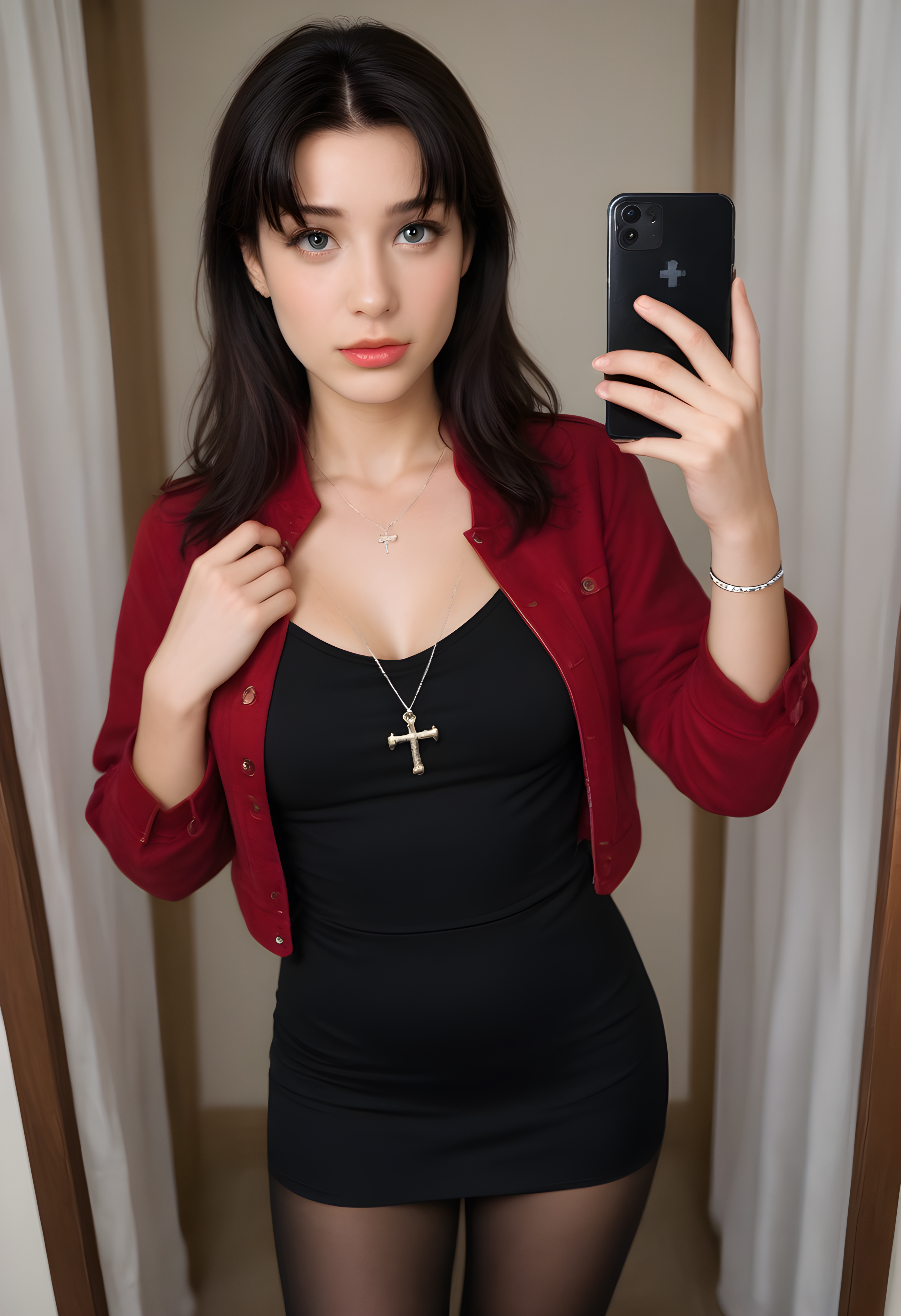 score_9, score_8_up, score_7_up, BREAK, The image shows a woman in a red jacket and black skirt taking a selfie in front of a white curtain. She is holding a mobile phone in her hand and there is a watermark on the image. realistic, katsuragi misato, 1girl, solo, long hair, breasts, black hair, dress, jewelry, jacket, purple hair, pantyhose, necklace, black dress, short dress, cross, red jacket, cropped jacket, cross necklace,  photo, real hair, detailed skin, highly detailed, detailed skin, film grain, <lora:zy_AmateurStyle_v2:0.45>