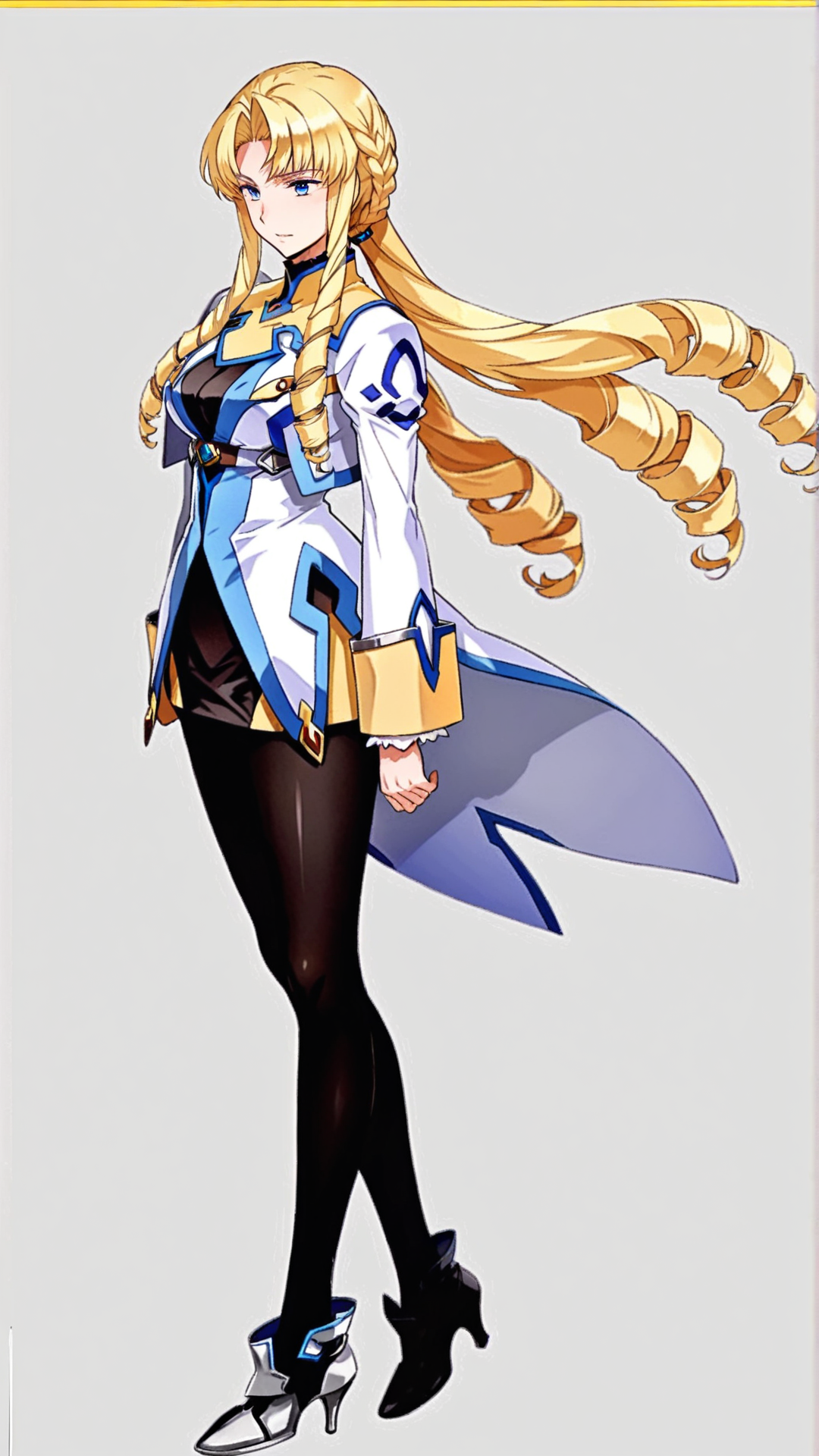 source_anime, general, best quality, masterpiece, 1girl,  <lora:Marguerite_Pistail_ill_v1.0:1> marguerite_pistail\(srw\),blue eyes, blonde hair, long hair,braid,drill hair, ringlets, black pantyhose, drill sidelocks, high heels, long sleeves, coat,jacket, guimpe,