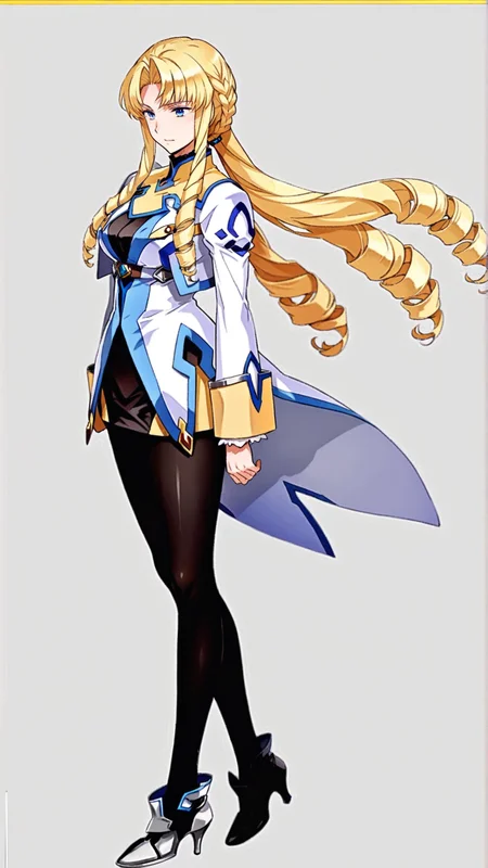 source_anime, general, best quality, masterpiece, 1girl, <lora:Marguerite_Pistail_ill_v1.0:1> marguerite_pistail\(srw\),blue eyes, blonde hair, long hair,braid,drill hair, ringlets, black pantyhose, drill sidelocks, high heels, long sleeves, coat,jacket, guimpe,