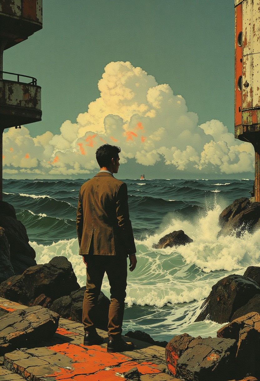This HD, 8K digital abstract collage art piece fuses surrealism and minimalist elegance, offering a contemplative reflection on solitude. At its core, a man in a brown suit, white shirt, and black tie stands on a weathered concrete pier, his short dark hair contrasting against the vast, surreal backdrop. His intense gaze is directed at the ocean, with soft, glowing ambient light casting long shadows on his figure, imbuing him with a sense of quiet introspection. Surrounding him, fragmented elements of the scene are collaged together—his posture leans casually against a rusted metal railing, its corroded surface blending with the cracked, rugged pier, as deep blue waves crash in abstract layers, splashing droplets in vibrant texture. Above him, a fluffy white cloud floats dreamlike, soft and glowing, a stark contrast to the harsh reality of the environment, offering a whimsical, surreal focal point. The fragmented, collaged environment seamlessly intertwines natural elements like the ocean and sky with architectural forms, reminiscent of Edward Hopper's reflective solitude, while Donald Judd's minimalist compositions infuse the background with clean, geometric precision. The artwork juxtaposes these elements—earthly and celestial—drawing the viewer into a dreamlike moment of deep contemplation.