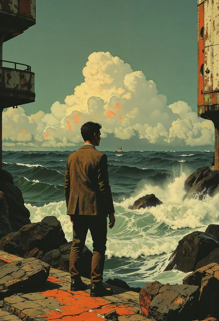 This HD, 8K digital abstract collage art piece fuses surrealism and minimalist elegance, offering a contemplative reflection on solitude. At its core, a man in a brown suit, white shirt, and black tie stands on a weathered concrete pier, his short dark hair contrasting against the vast, surreal backdrop. His intense gaze is directed at the ocean, with soft, glowing ambient light casting long shadows on his figure, imbuing him with a sense of quiet introspection. Surrounding him, fragmented elements of the scene are collaged together—his posture leans casually against a rusted metal railing, its corroded surface blending with the cracked, rugged pier, as deep blue waves crash in abstract layers, splashing droplets in vibrant texture. Above him, a fluffy white cloud floats dreamlike, soft and glowing, a stark contrast to the harsh reality of the environment, offering a whimsical, surreal focal point. The fragmented, collaged environment seamlessly intertwines natural elements like the ocean and sky with architectural forms, reminiscent of Edward Hopper's reflective solitude, while Donald Judd's minimalist compositions infuse the background with clean, geometric precision. The artwork juxtaposes these elements—earthly and celestial—drawing the viewer into a dreamlike moment of deep contemplation.