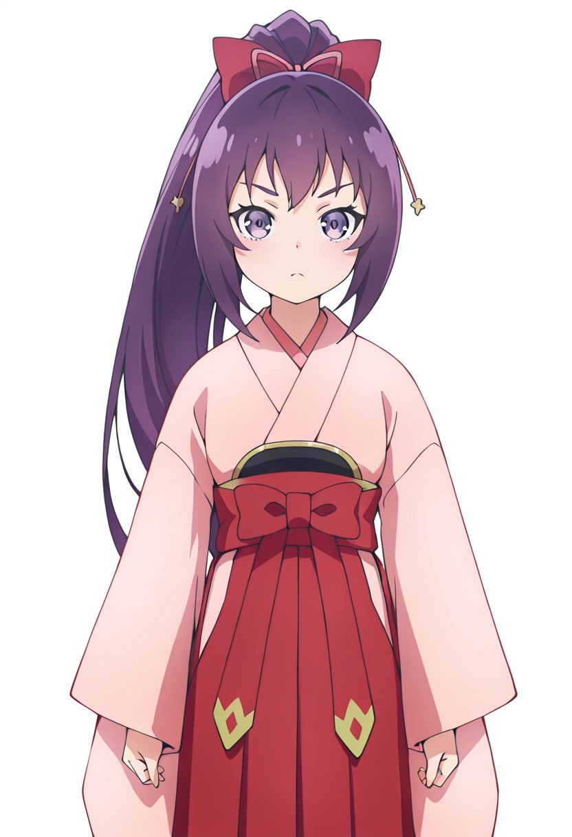 masterpiece, best quality, amazing quality,
(cowboy shots:1), white background, solo, looking at viewer, white background
saga, long_hair, purple_hair, ponytail, purple_eyes, hair_bow, japanese_clothes, hakama_skirt, pink_kimono, wide_sleeves