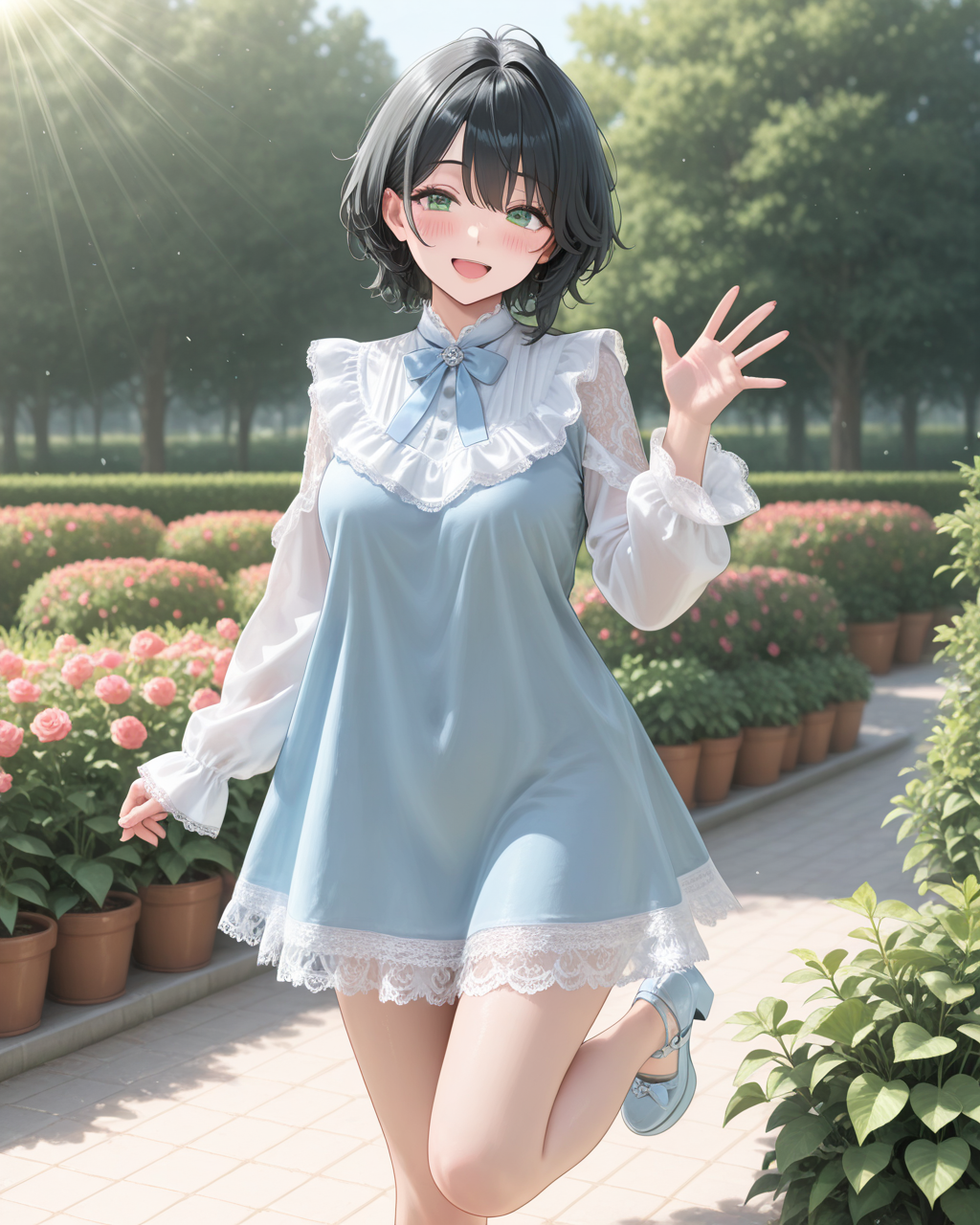 Masterpiece, best quality, amazing quality,newest,
1girl,solo， 
black_hair, short_hair, messy_hair, green_eyes,mature_female,medium_breasts, 
KEAI2,
long sleeves frilled short dress,white frills,blue dress,lace,blue bow,
full_body,light blue platform footwear,     
looking_at_viewer,(blush:1.3),smile,open_mouth,(runing:1.2),waving_arm, 
blurry_background,garden,sunlight, 




