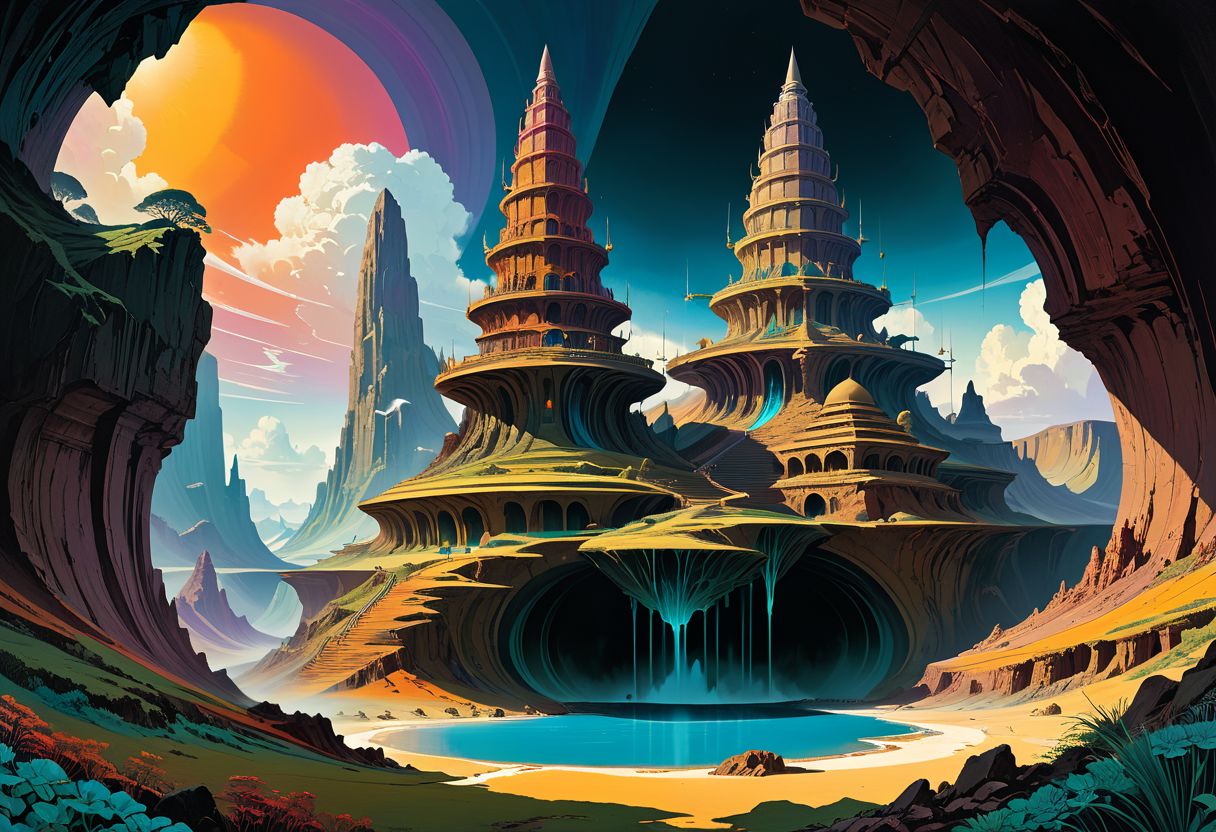a fantasy temple sits on top of a (cross section of surreal geological biome chart with concentric layers of colourful strata forming a surreal tiered geological formation whith an colourful strata:1.1), underground tunnel network, swirling clouds, pools of water, on dark paper, by peter mohrbacher, tarmo juhola, ivan laliashvili, james gurney, moebius, roger dean vibrant, beautiful, translucent, intricate, detailed many details, extreme detailed, full of details, Wide range of colors., Dramatic, Dynamic, Cinematic, Sharp details Insane quality. Insane resolution. Insane details. Masterpiece. 32k resolution.