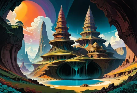 a fantasy temple sits on top of a (cross section of surreal geological biome chart with concentric layers of colourful strata forming a surreal tiered geological formation whith an colourful strata:1.1), underground tunnel network, swirling clouds, pools of water, on dark paper, by peter mohrbacher, tarmo juhola, ivan laliashvili, james gurney, moebius, roger dean vibrant, beautiful, translucent, intricate, detailed many details, extreme detailed, full of details, Wide range of colors., Dramatic, Dynamic, Cinematic, Sharp details Insane quality. Insane resolution. Insane details. Masterpiece. 32k resolution.
