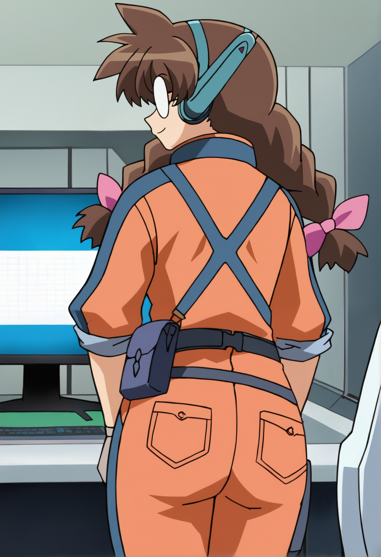 score_9_up, source_anime, parfet_balblair, 1girl, from behind. looking back. smile. solo. long hair, bangs, brown hair,  orange jumpsuit. collarbone, jacket, braid, hair bow, glasses, gloves. belt, indoors, twin braids, pink bow, pocket, monitor, jumpsuit, opaque glasses, space. indoors. computer. monitor.