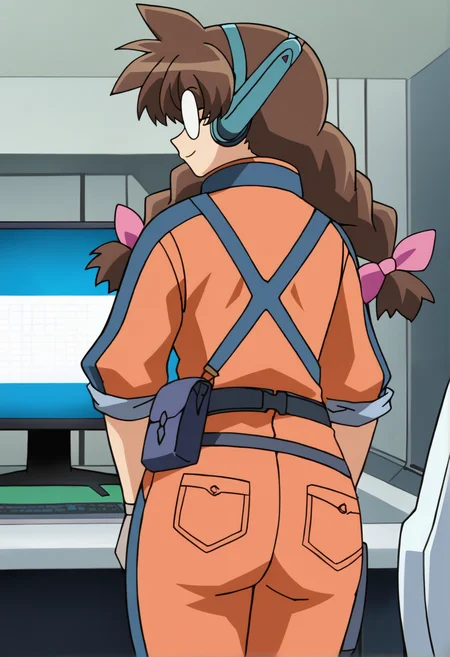 score_9_up, source_anime, parfet_balblair, 1girl, from behind. looking back. smile. solo. long hair, bangs, brown hair,  orange jumpsuit. collarbone, jacket, braid, hair bow, glasses, gloves. belt, indoors, twin braids, pink bow, pocket, monitor, jumpsuit, opaque glasses, space. indoors. computer. monitor.