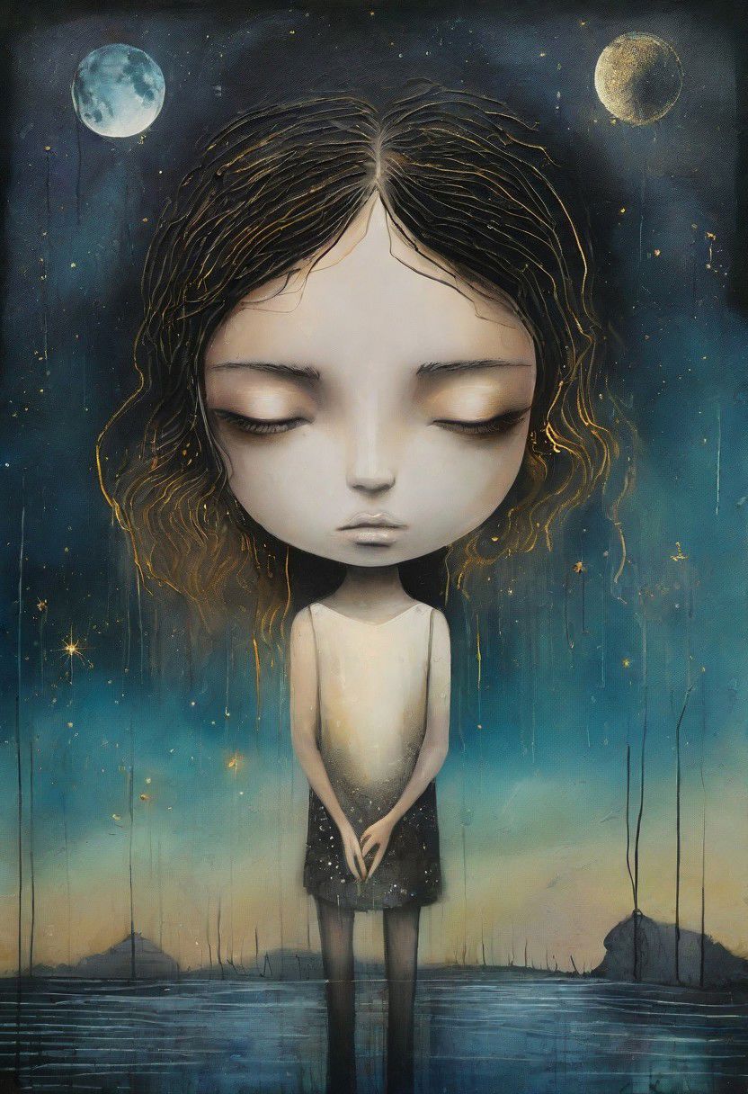 surreal  landscape  wet oil and alcohol ink, thin black and gold lines, 3-D, textured, centered, delicate, fantasy, magical, mystical, fragile. a young girl who gazes at the starlit sky ,and the moon, complementary colors, fantasy concept art,wet oil and alcohol ink, thin black and gold lines, 3-D, textured, centered, delicate, fantasy, magical, mystical, fragile." style  like  lowbrowart   8k