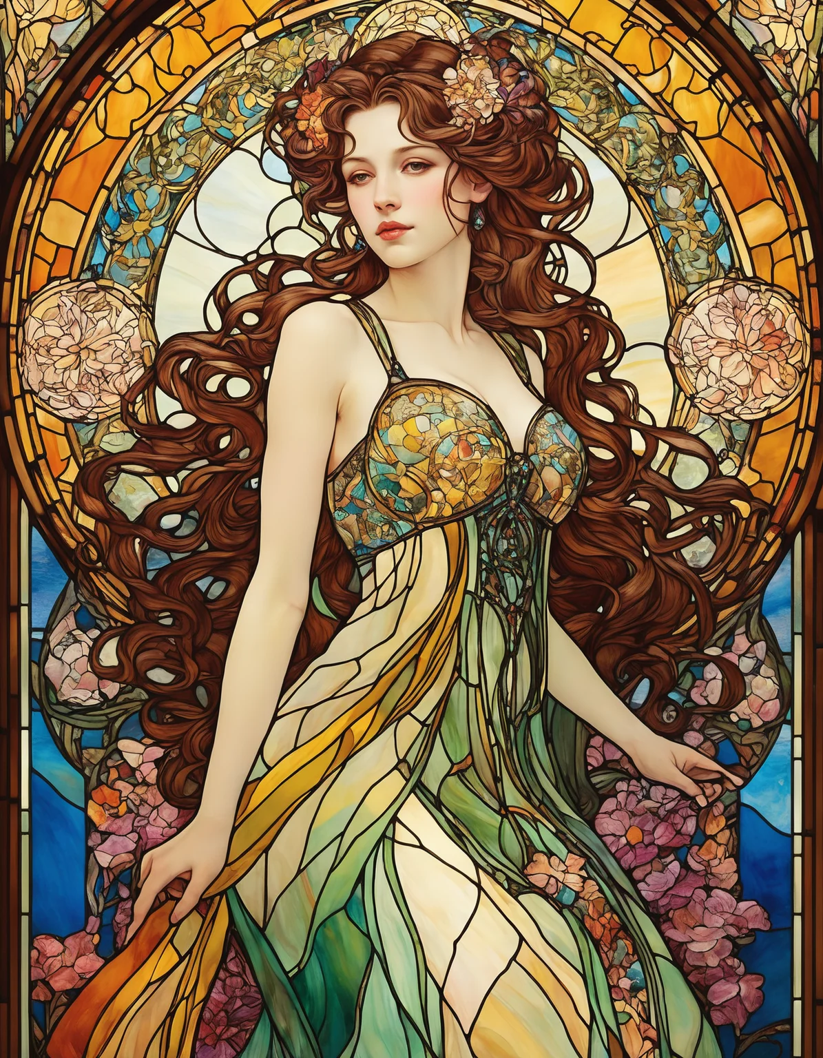 Stained glass style , as (((stained glass))),(NSFW:0.2), (Aerith Gainsborough in flowing dress) , (Art Nouveau), (by Gustav Klimt), (by Egon Schiele), (by Oskar Kokoschka), (by Alphonse Mucha) huge big tits, (epic composition:1.4), (talent:1.2), ultra detailed, highly detailed, insanely detailed, , exquisite, sharp, elegant, ambient lighting,, high quality, <lora:add-detail-xl:2> , colorful . Vibrant, beautiful, translucent, intricate, detailed, . Vibrant, beautiful, translucent, intricate, detailed