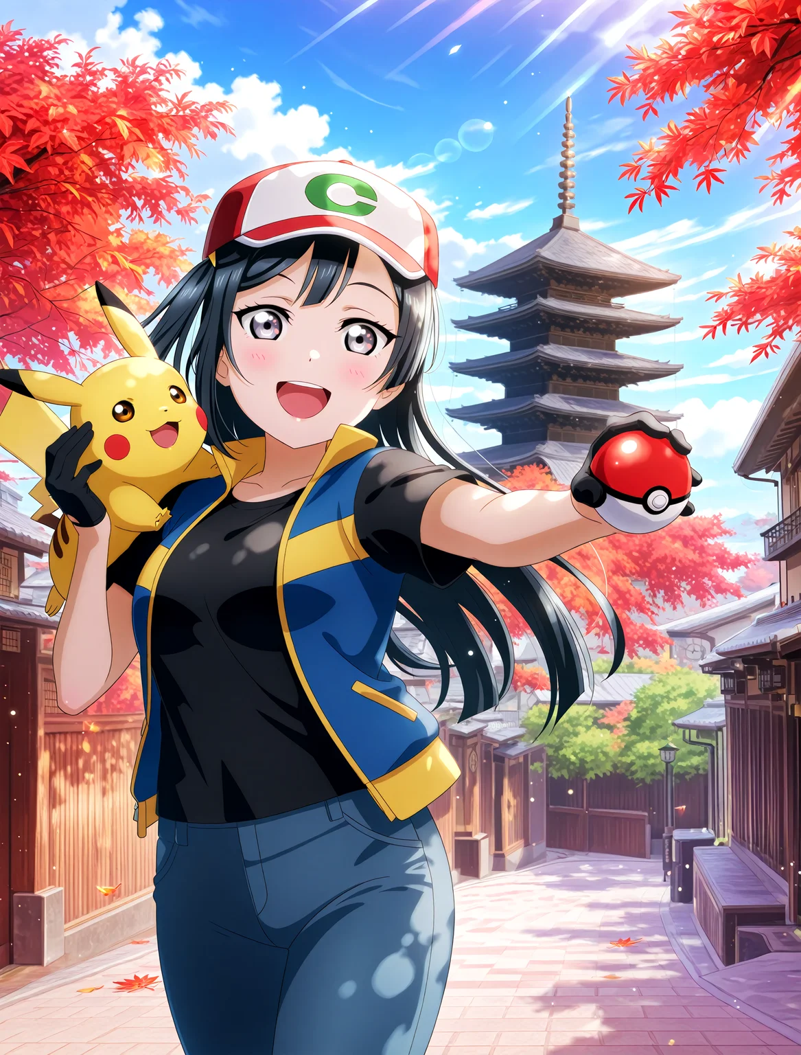 <lora:Koto-Umi-Riko-Shizu-Setsu-LLAS-IllustriousXLV01-V1:1> <lora:sdxl-boldline:-1.5>
<lora:Yasakanoto-IllustriousXLV01-V1:1>
(llas:1.4), (masterpiece, very aesthetic, absurdres:1.4), best quality, newest, perfect anatomy, perfect lighting, anime coloring BREAK
(sparkle, light particles:0.6), light rays, rim lighting, (depth of field, blurry background) BREAK
1girl, animal, pokemon, looking at viewer, cowboy shot BREAK
yuki setsuna, (ash ketchum cosplay:1.2), blue jacket, black shirt, red hat, open clothes, short sleeves, blue jean, blue pants, black gloves, half gloves BREAK
big pupils, (detailed eyes:1.2), large breasts, :d, upper teeth only, holding poke ball, (pikachu:1.2) BREAK
(yasaka pagoda, hokanji temple, kyotogion road), pavement, day, blue sky, cloud, (maple leaf, autumn leaves, falling leaves:0.7)âââ