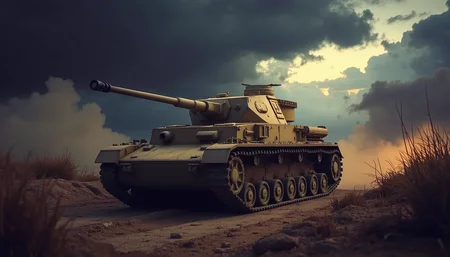 Realistic drawing of a battlefield, masterpiece, best quality, World War II (1.5), harsh battlefield atmosphere (1.4), Dark Clouds,Angel's Ladder (1.1), exquisite weapons (1.0), atmospheric lighting (1.1), cinematic composition (1.2), historical accuracy (1.4), <lora:panzer4f2:0.8>,
from front,low angle,(left facing turret:1.5),