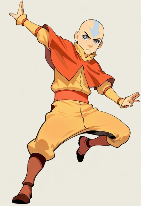 masterpiece, absurdres, high quality, perfect anatomy, 1boy, solo, cute boy, male focus, Aang, Grey Eyes, Bald, Blue Facial Marking, Blue Arrow (Symbol) Tattoo On Forehead, Air Nomad Outfit, Yellow Shirt, Long Sleeves, Orange Capelet, Orange Sash Belt, Yellow Pants, Brown Boots, simple background, dynamic pose, action pose,
