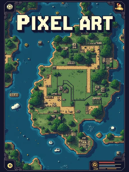 A pixel art poster for marketing. The poster main text reads: "Pixel Art". Under the main text, a small badge text reads: "DD". In the background is a top down view of a world map in a video game. Designed by a genius and given to the common folk on the internet.<lora:General Flux\darkdescent-pixel-art.safetensors:0.9:1.0>