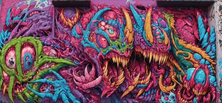 <lora:brho:0.6>brho, hyperbeast, sharp teeth, eyes, claws, mouths, goo splatter, highly intricate details, graffiti on side of building