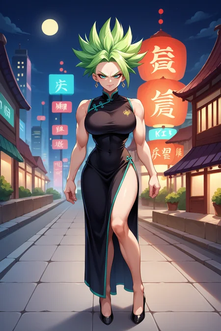 score_9, score_8_up, score_7_up, score_6_up, source_anime, 1girl, solo, <lora:kale-pdxl-nvwls-v1-000007:1> s2Kal, green hair, spiky hair, aqua eyes, earrings, big breasts, black dress, long dress, high heels, looking at you, serious, smirk, night, city, china dress, toned