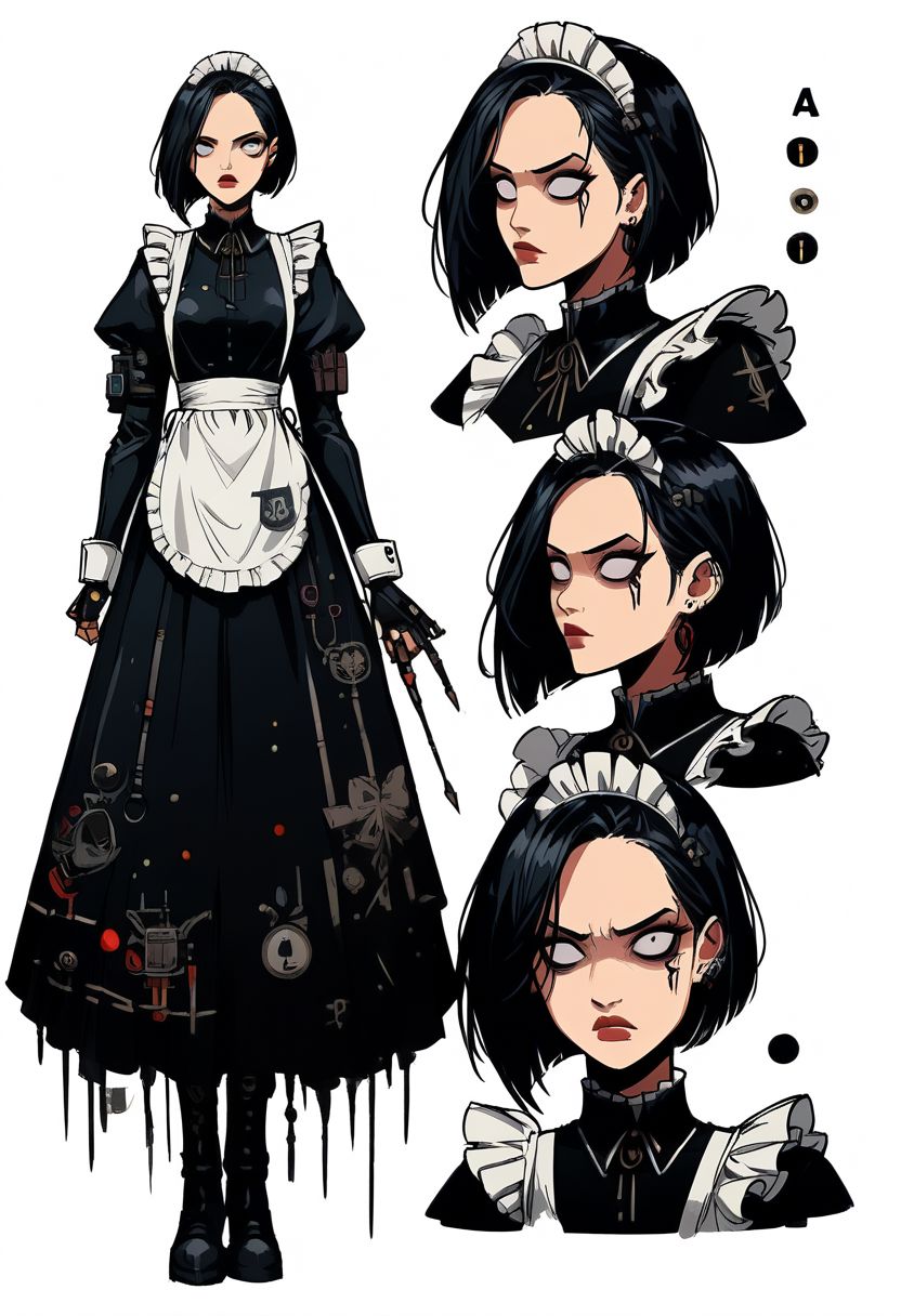 Warhammer 40k concept art, score_9, score_8_up, score_7_up, A Battle Sister Inquisitor, 1girl, (((maid outfit))), sister of battle, small breast, standing proudly, japanese maid outfit, ((black square cut)), ((black hair)), mature woman, (asian woman), estritc eyes,, Expressiveh, angry, glaases, shaded face, black eyes, dramatic, dark gothic cathedral, Imperium, mad-cbrpnksplshrt, warhammer-40k-drawing-style, splash art, concept art, character design, character reference sheet, multiple views, full body, upper body, perfect face, detailed face, pretty face, detailed eyes, symetric eyes