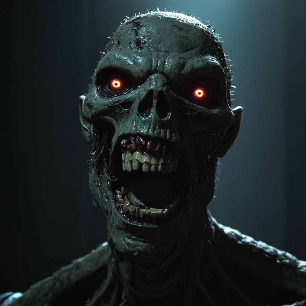 professional 3d model of  <lora:LoDe+Ro style:1>
a close up of a zombie monster in a dark room,solo,open mouth,teeth,blurry,no humans,depth of field,blurry background,monster,dark,horror (theme),LoDe+Robots Style,Love Death + Robots style,Love,Death & Robots style,animated,horror,dark,black,apocalyptic,dystopian,domination,creature , dramatic light, cyberpunk, LoDe+Ro style, octane render, highly detailed, volumetric, dramatic lighting