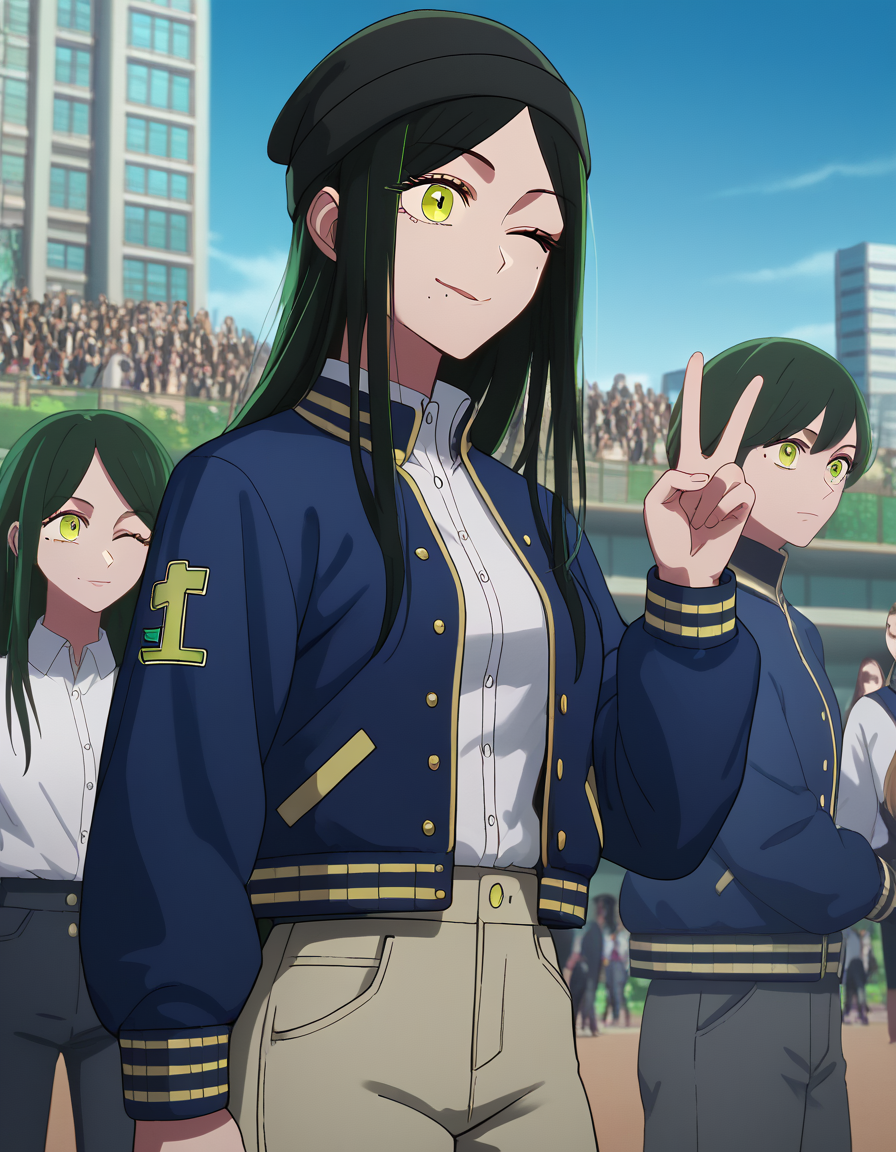 score_9, score_8_up, score_7_up, source_anime, <lora:frill-shiranui-s1s2-ponyxl-lora-nochekaiser:1>, frill shiranui, long hair, bangs, black hair, green eyes, yellow eyes, green hair, mole, mole under eye, mole under mouth, medium breasts,, <lora:letterman-jacket-ponyxl-lora-nochekaiser:1>, letterman jacket, jacket,, outdoors, crowd, people, v, v over eye, one eye closed, tongue out, smile, beanie, pants, open clothes, open jacket, , cowboy shot, dutch angle,
