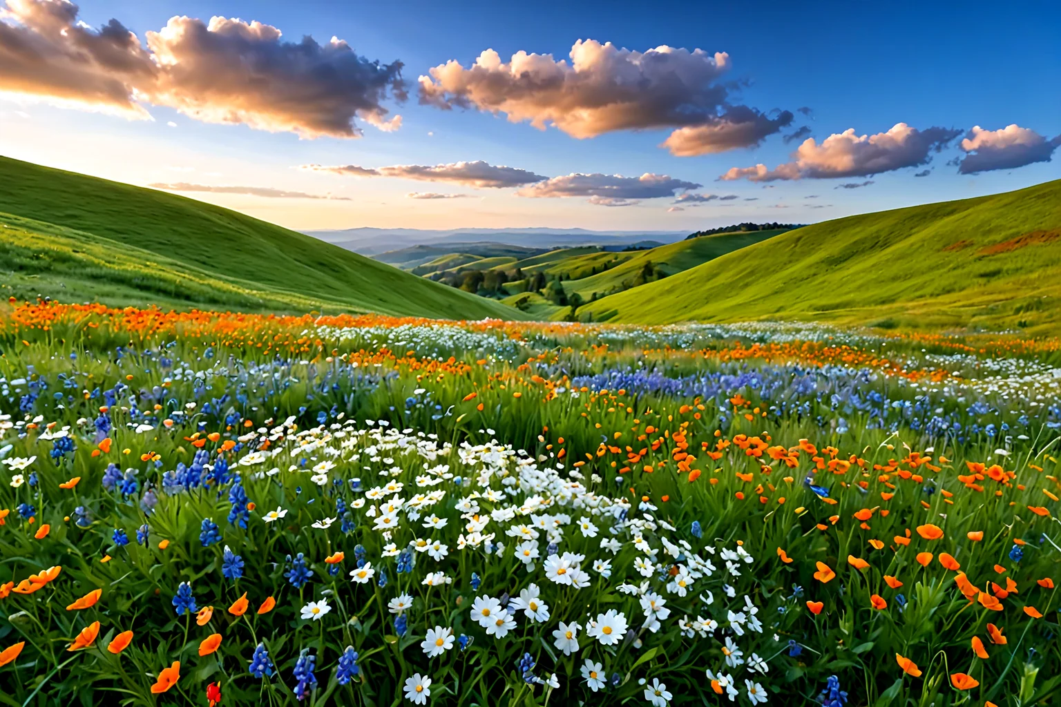 Stable_Yogis_PDXL_Positives,<lora:sdxl_lightning_8step_lora:1>,Lush green rolling hills blanketed with wildflowers in full bloom during spring, The landscape is dotted with vibrant colors of daisies, bluebells, and poppies under a bright blue sky filled with fluffy white clouds, The atmosphere is fresh and invigorating, evoking a sense of renewal,âââ