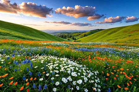 Stable_Yogis_PDXL_Positives,<lora:sdxl_lightning_8step_lora:1>,Lush green rolling hills blanketed with wildflowers in full bloom during spring, The landscape is dotted with vibrant colors of daisies, bluebells, and poppies under a bright blue sky filled with fluffy white clouds, The atmosphere is fresh and invigorating, evoking a sense of renewal,âââ