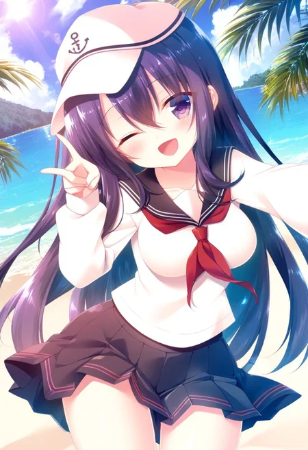 score_9,score_8_up,score_7_up,source_anime,anime, BREAK,
mitsumomo style,
(cute),1girl, akatsuki, (medium breasts), purple hair, long hair, hair between eyes, purple eyes,
serafuku, flat cap, black sailor collar, black skirt, long sleeves, neckerchief, sailor collar,
smile, cheerful, wink,
any pose, head tilt, hand on cap,
outdoors, shiny light, beach,