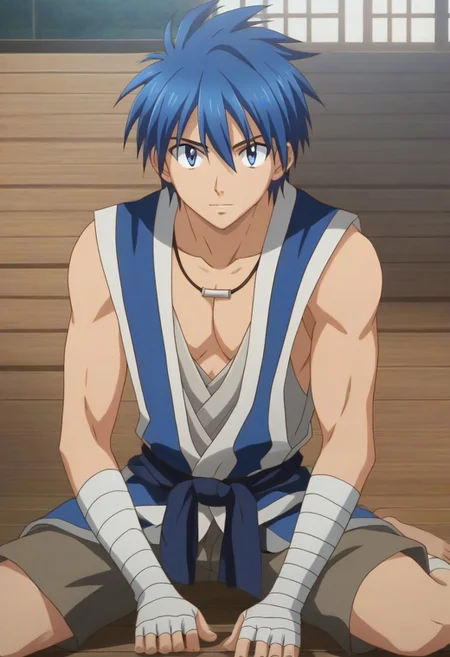 ((masterpiece)), ((best quality)), ((ultra-detailed)), ((absurdres)), score_9_up, score_8_up, score_7_up,
HD, top quality, best quality, amazing quality, High-quality illustrations, anime screencap, source_anime, best aesthetic, perfect proportions, perfect eyes, 1boy, 1male, solo boy, solo male, male focus, solo male focus, Anime, boy, male anime character, anime boy, handsome, cute, charming, sexy, good-looking, Gear, blue hair, blue eyes, necklace, sleeveless blue kimono, low neckline, arm bandages, blue hip sash, gray shorts, leg bandages, barefoot, ((toned body, lean body, slim body)), ((historical japanese background))