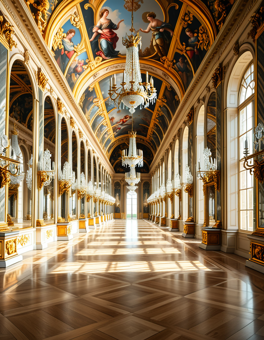 A breathtaking, photorealistic depiction of the Hall of Mirrors (Galerie des Glaces) at the Palace of Versailles in France, captured in golden afternoon light. The hall is grand and opulent, with a high arched ceiling painted with intricate Baroque frescoes. The walls are lined with tall arched mirrors on one side and large arched windows on the opposite side, flooding the space with natural light. Elegant crystal chandeliers hang from the ceiling, reflecting in the mirrors and sparkling with golden highlights. The marble floors are polished and gleaming, with rich, warm tones. Gilded statues and decorative elements frame the mirrors and doorways. The image style is ultra-detailed and photorealistic, with sharp textures and soft, warm lighting creating a majestic, timeless atmosphere. No people present, only the serene magnificence of the empty hall. Camera angle at eye level, centered down the hall, capturing the full length and symmetry of the space.
<lora:SDXLFaeTastic2400:0.4> <lora:extremely_detailed:0.4> extremely detailed,<lora:Hall_of_M1rr0rs:1>,Hall of M1rr0rs, Masterpiece,best quality,hi res,8k,hi res,8k,award winning,(sharp focus, intricate, highly detailed),