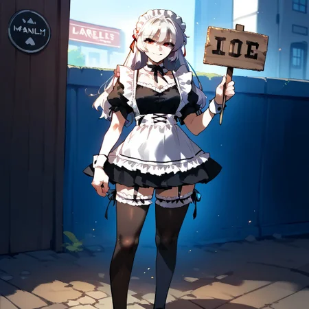 zPDXL3, score_9_up, score_8_up, score_7_up, (Anime_source), 1girl, standing, looking at viewer, smiling, Alice, red eyes, white hair, long hair, Mature-Form, maid apron, maid, maid headdress, thighhighs, wrist cuffs, garter belt, standing, sign peace,