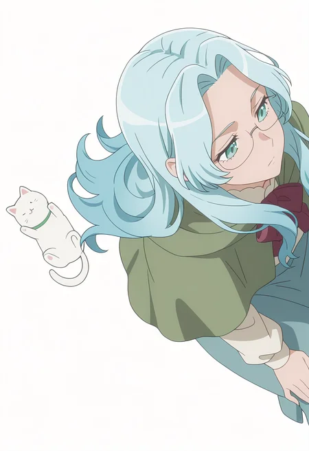 Smooth Quality,masterpiece, ultra realistic,
simple background, white background,
sideways,uwu,hand on own knee ,
 <lora:EvaLuria:0.8> Eva/Cnn, Sist2/Cnn, 1girl, glasses, long hair, blue hair,green capelet,glasses,