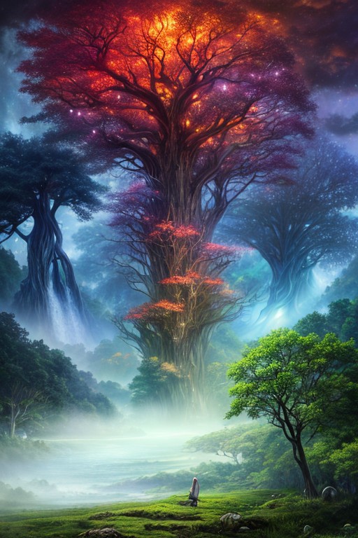 Surreal oil painting,
fantasy forest,giant trees,
an expansive ancient forest, featuring towering oaks, diverse wildlife, a variety of flora, and a feeling of grandeur,forest lake,waterfalls,
glowwave,
dawn,
thunderstorm, and many small clouds, and slightly cloudy,,,