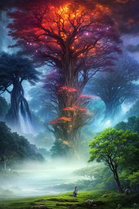 Surreal oil painting,
fantasy forest,giant trees,
an expansive ancient forest, featuring towering oaks, diverse wildlife, a variety of flora, and a feeling of grandeur,forest lake,waterfalls,
glowwave,
dawn,
thunderstorm, and many small clouds, and slightly cloudy,,,