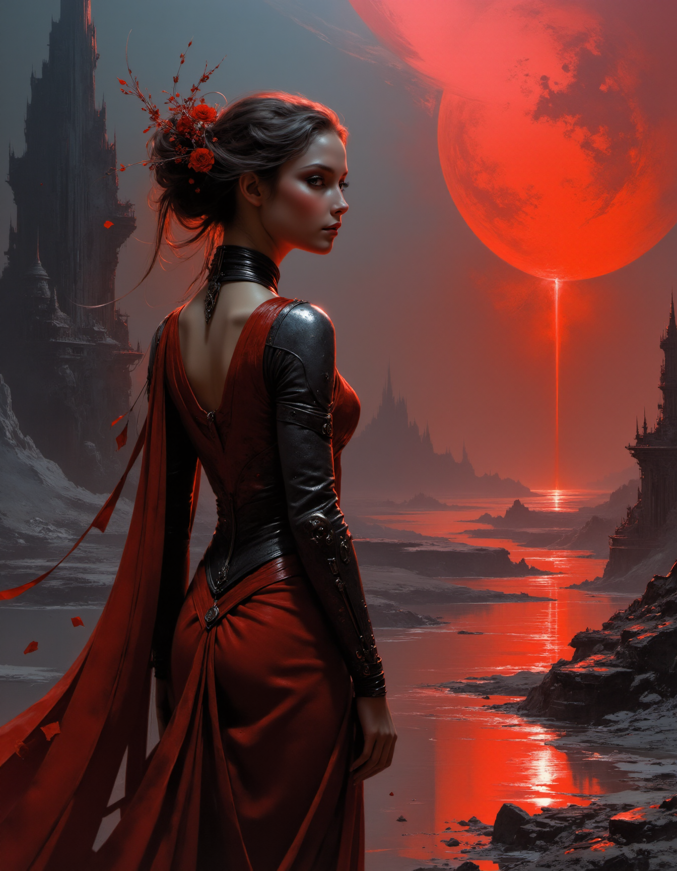 highly detailed, highly dynamic cinematic panorama view, the most beautiful girl, a classic dark fantasy art painting with vibrant colors, digital artwork, illustrative, painterly, matte painting, highly detailed,  atmospheric haze, panoramic zoomed out view, highly dramatic lighting, Gunmetal Gray hue and Varsity Red tint
 <lora:artisketchyfs-v02:1>
