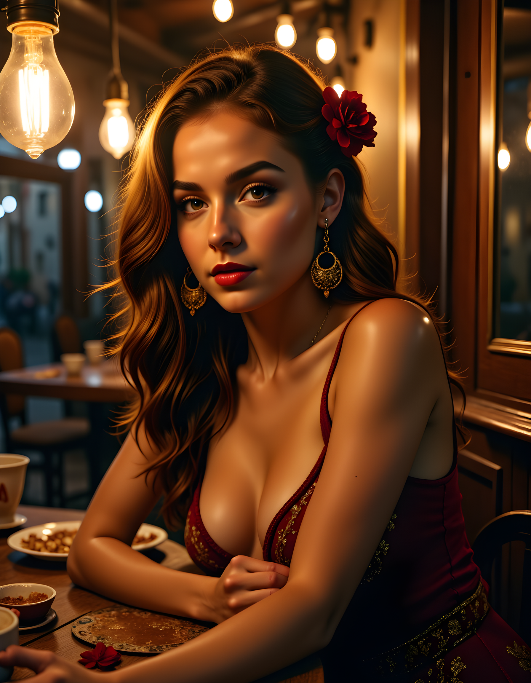 In a dimly lit, bohemian-style Parisian café nestled along the Seine River at twilight, a captivating close-up image of Adelise Verogandh is captured from a low angle, emphasizing her striking features. Her cascading chestnut waves frame her angular face adorned with intricate gold hoop earrings that sparkle under the soft, warm glow of hanging fairy lights. Her deep brown eyes, filled with an enigmatic allure, peer intently through heavily lashed, darkened lids. A delicate, yet bold red lipstick accentuates her full lips, which are slightly parted as if she's about to share a secret. The vibrant red hue is mirrored in the flower tucked behind her ear, with petals that seem to dance in the cool evening breeze. The dimly lit background reveals a rustic wooden table scattered with books, half-empty coffee cups, and an abandoned paint palette, hinting at the artistic soul of both the woman and the establishment. Her unique, form-fitting outfit made of rich velvet fabric with intricate embroidery accentuates her voluptuous figure, with the bodice plunging just enough to highlight her medium-sized breasts. The overall composition creates a seductive and mysterious atmosphere, inviting viewers to delve deeper into the enigma that is Adelise Verogandh.