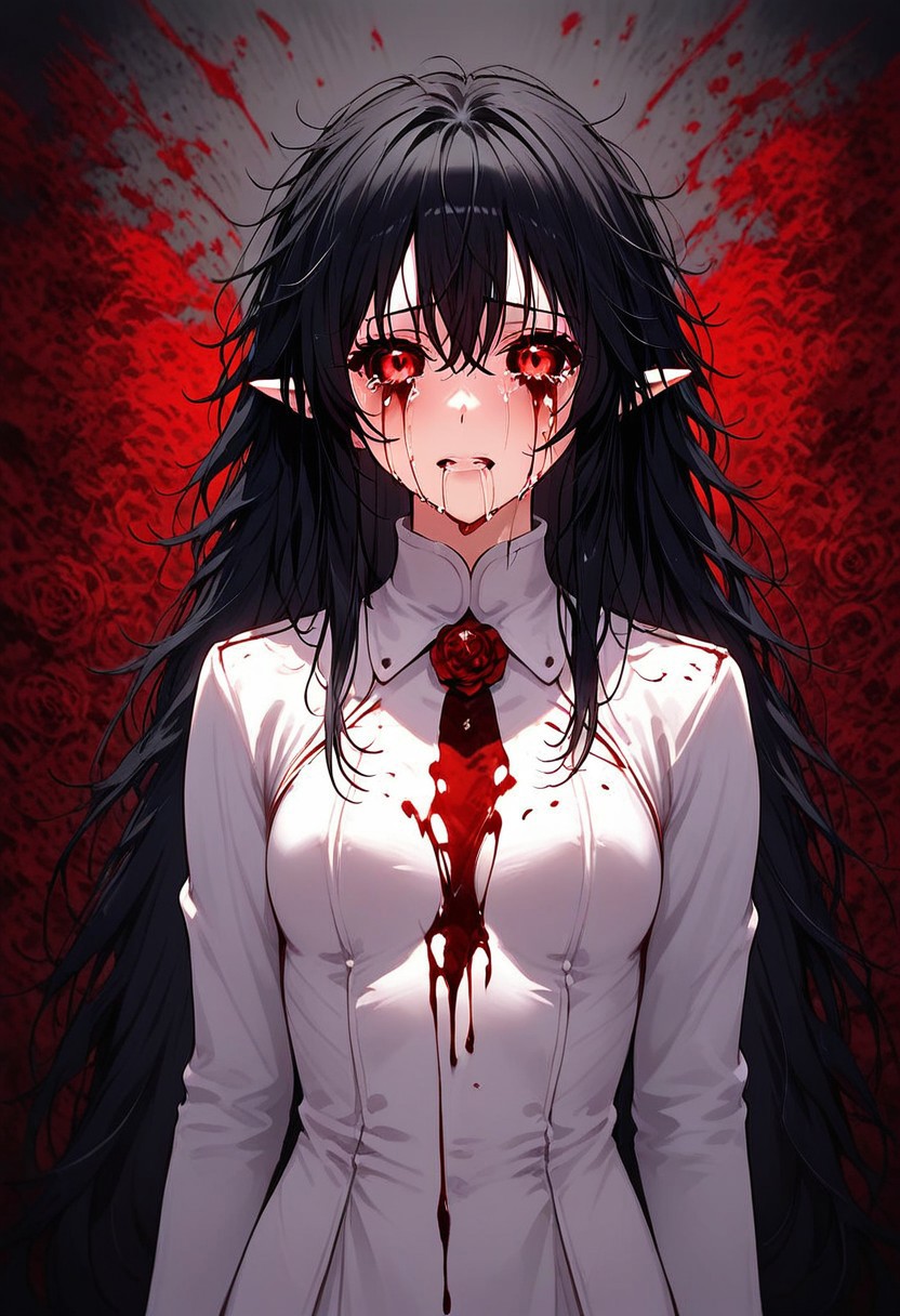 Drestoria-Style_V2, (masterpiece), (best quality), source_anime, perfect anatomy, digital_media_(artwork) hi_res, intricate, high quality, amazing quality, Highly Detailed, Perfect Face, elf, knight, ((red eyes, black sclera:1.4), black hair, messy hair, long hair, wild hair), semi-realistic, nose, detailed background, (full body, full body view), Bloody Tears