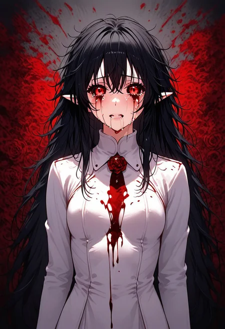 Drestoria-Style_V2, (masterpiece), (best quality), source_anime, perfect anatomy, digital_media_(artwork) hi_res, intricate, high quality, amazing quality, Highly Detailed, Perfect Face, elf, knight, ((red eyes, black sclera:1.4), black hair, messy hair, long hair, wild hair), semi-realistic, nose, detailed background, (full body, full body view), Bloody Tears