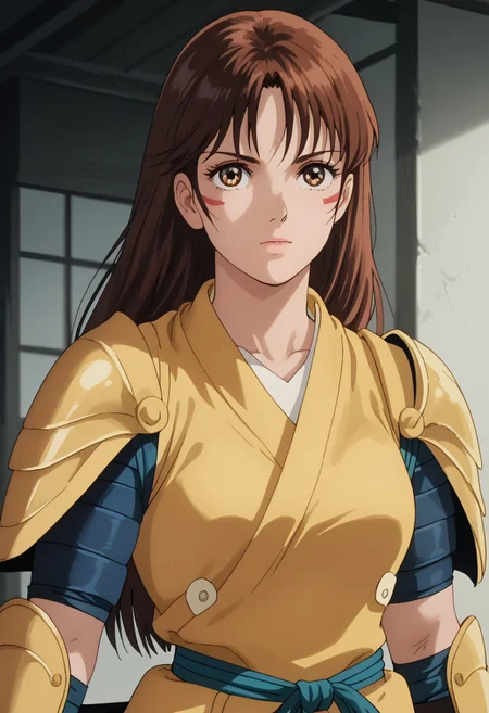 score_9, score_8_up, score_7_up, realistic, fine anime screencap_xl, anime screencap, miakoji, ronin warriors, solo, 1girl, retro, brown hair, 1980s (style), bangs, long hair, hazel eyes, portrait, eye makeup, samurai armor, armor, shoulder armor, gloves, swords, samurai helmet, samurai mask, katanas,