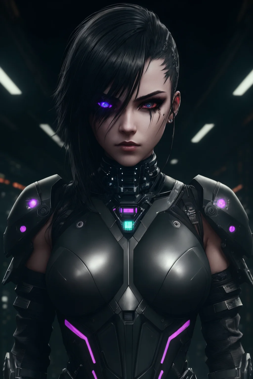 girl, cyberpunk augmentation, cyberware, cyborg, carbon fiber, chrome, implants, metall skull, bloody, cyber plate armor, dark atmosphere, dark night, scars, (black short disheveled hair:1.1), black eyeshadow, beautiful detailed glow, detailed, Cinematic light, intricate detail, highres, rounded eyes, detailed facial features, high detail, sharp focus, smooth, aesthetic, extremely detailed, insanely detailed and intricate dark industrial factory background, slim body, stylish pose,