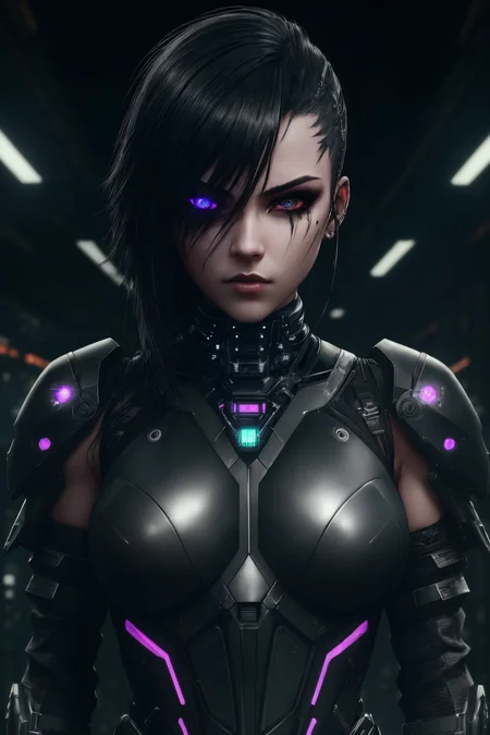 girl, cyberpunk augmentation, cyberware, cyborg, carbon fiber, chrome, implants, metall skull, bloody, cyber plate armor, dark atmosphere, dark night, scars, (black short disheveled hair:1.1), black eyeshadow, beautiful detailed glow, detailed, Cinematic light, intricate detail, highres, rounded eyes, detailed facial features, high detail, sharp focus, smooth, aesthetic, extremely detailed, insanely detailed and intricate dark industrial factory background, slim body, stylish pose,