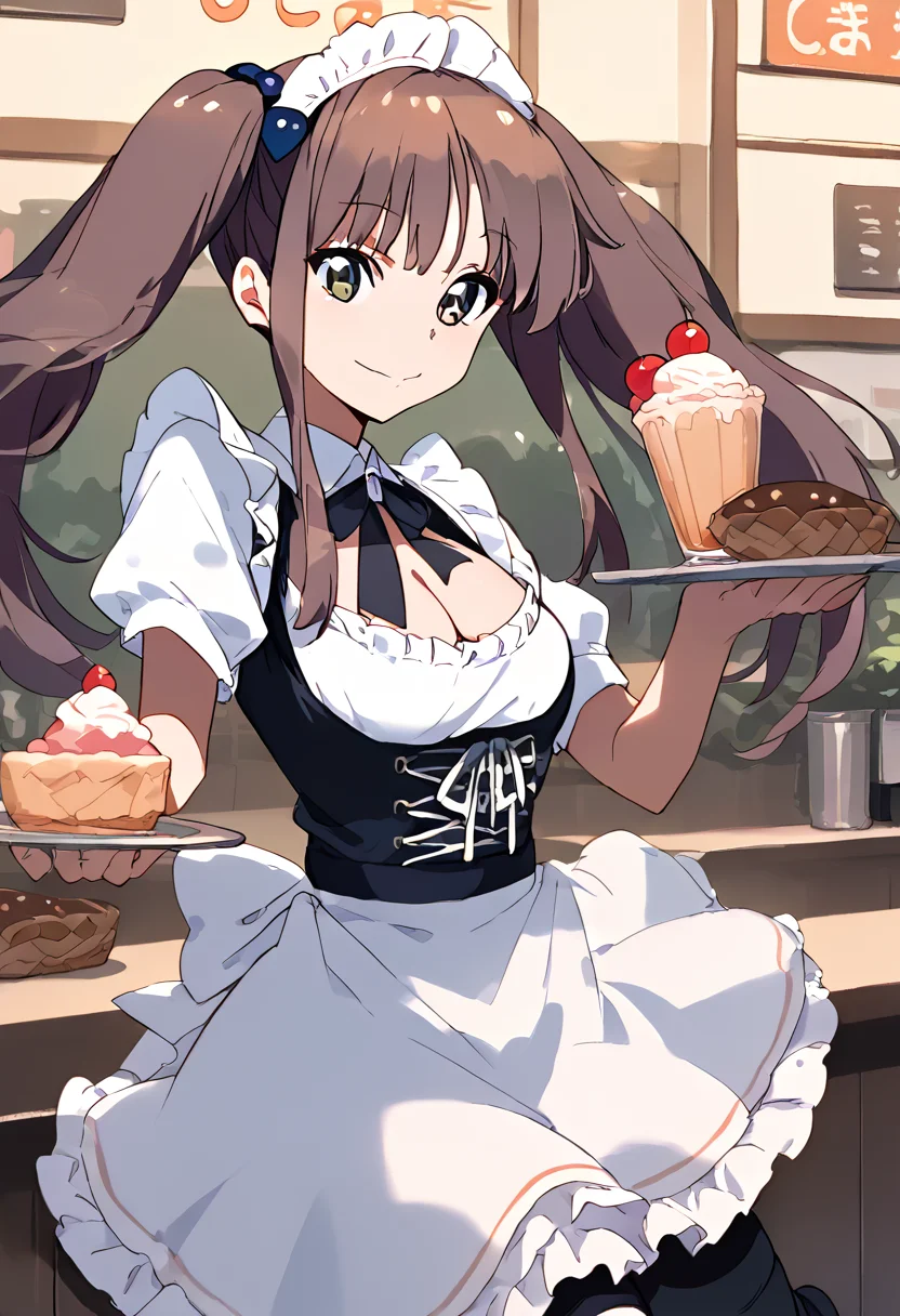 score_9,score_8_up,score_7_up,source_anime,zPDXL3,(game cg,moody lighting,cinematic lighting:1.2),novel illustration,cafe,waitress,dessert,parfait,
*//*,<lora:OkamotoMiyu-v1.0:1.1>,okamotomiyu_wug,1girl,solo,twintails,brown hair,long hair,hair bobbles,green eyes,cleavage,enmaided,black thighhighs,puffy short sleeves,frills,dress,waist apron,maid apron,cross-laced clothes,headdress,
*//*,looking at viewer,cowboy shot,dutch angle,