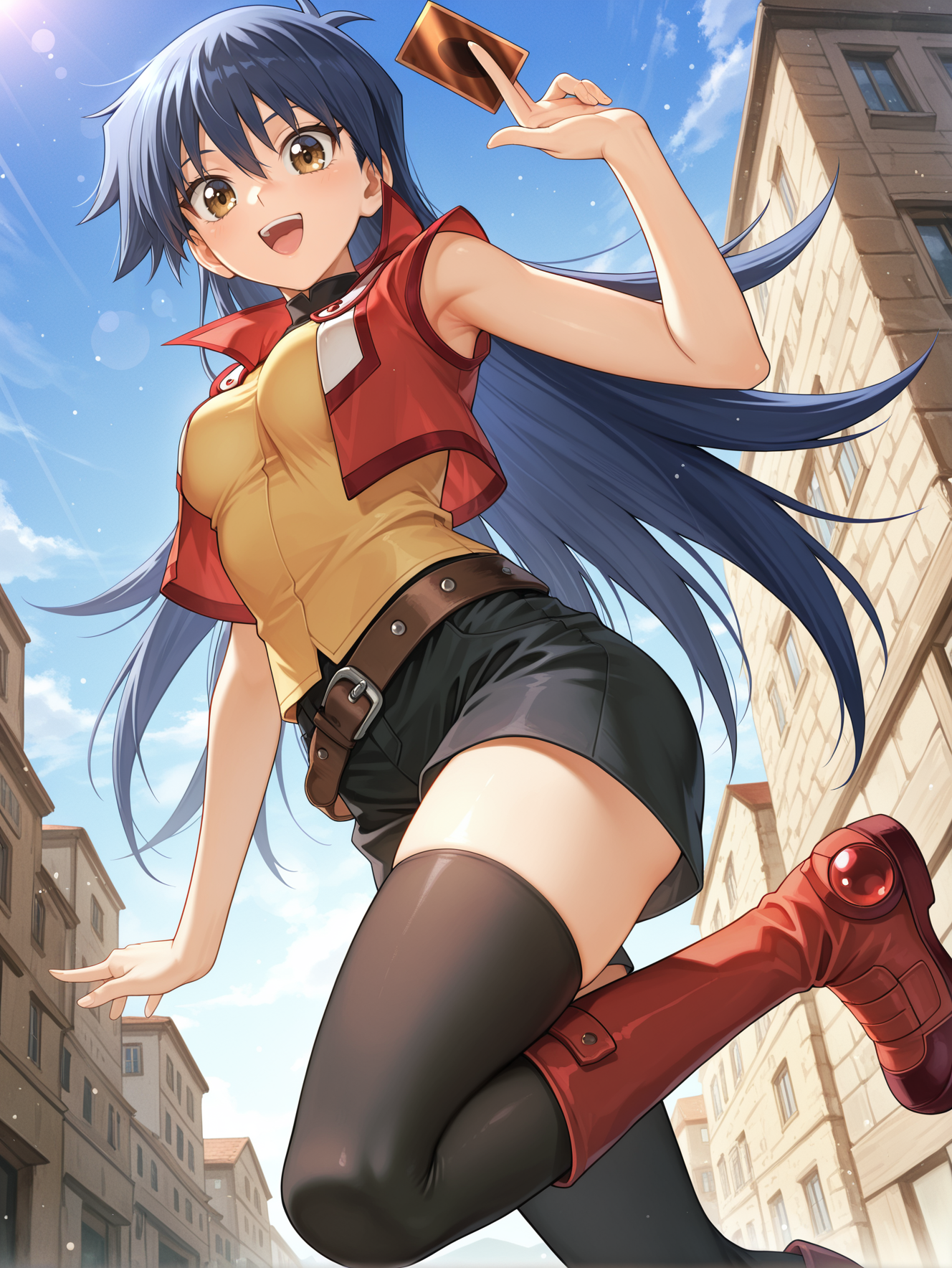 saotome rei,1girl,duel academy uniform \(yu-gi-oh! gx\),card \(yu-gi-oh!\),card between fingers,solo,red knee boots,black thighhighs,heart,blue sky,open mouth,smile,medium breasts,looking at viewer,:d,red vest,yellow sleeveless shirt,black shorts,brown belt,from below,standing on one leg,
masterpiece,best quality,amazing quality,very aesthetic,absurdres,newest,scenery,extreme detail,8k,light particles,soft lighting,volumetric lighting,intricate details,finely detailed,detailed eyes,<lora:Saotome Rei illusXL v1:0.73>,