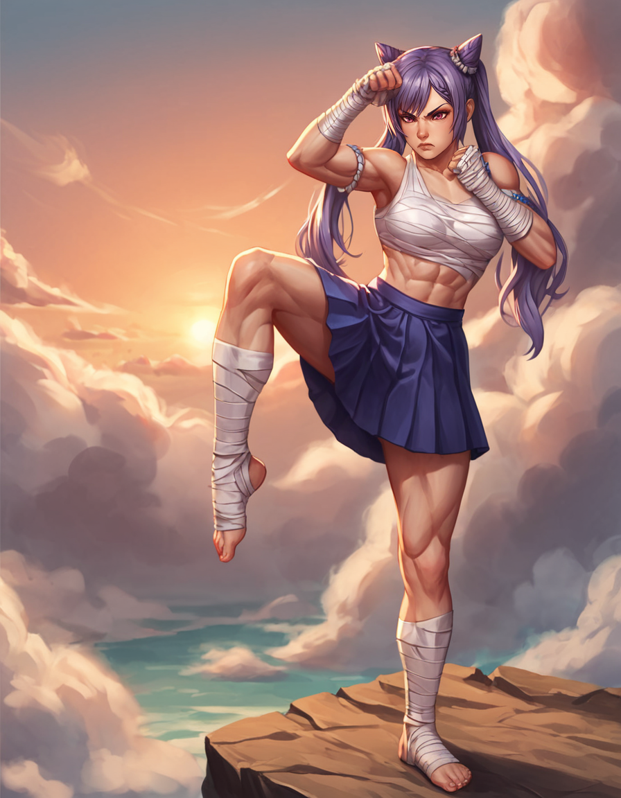 score_9, score_8_up, score_7_up,
source_anime,
keqing, 1girl, muscular, 
ankle wrap, arm wrap, bandaged arm, bandaged hand, bandaged head, bandaged leg, bandaged neck, bandages,
bandaged chest, sarachi,skirt,
teep fighting stance,martial arts,
a top a cliff,
above clouds, 
clouds background,sunset,scenery,
 <lora:muay_thai_teep:0.8>