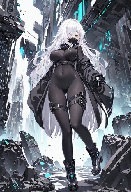 Best quality, masterpiece, sci-fi extremely dim abyss city, one girl with round huge breasts, dynamic movement, moving hands, moving legs, falling debris, long scarf, jet black long messy hair with extremely long fringe, one eye covered, overmasked, black mask over mouth, white eye, black full bodysuit with belts and pockets, mechanical arms, baggy jacket, slim waist, slim belly, tight pants, thick clavicle, thick hips, thick thighs, long boots