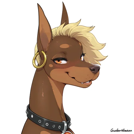 masterpiece,best quality,amazing quality, sfw, solo, Pepper(halbean), dobermann, feral, feral female, ear ring, orange eyes, (feral:1.3), (feral female:1.3), eyelashes, blushing, portrait, looking at viewer, cute, gorgeous, detailed, beautiful, masterpiece <lora:Pepper_Halbean:1>
