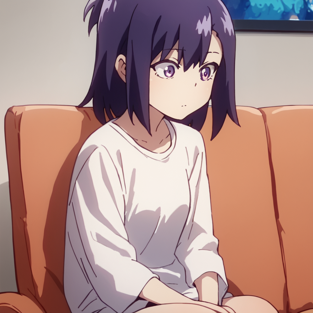 score_9, score_8_up, score_7_up, score_6_up, score_5_up, score_4_up, source_anime,  Vignette_DO, sitting, couch, long shirt, white shirt, watching tv,, purple hair