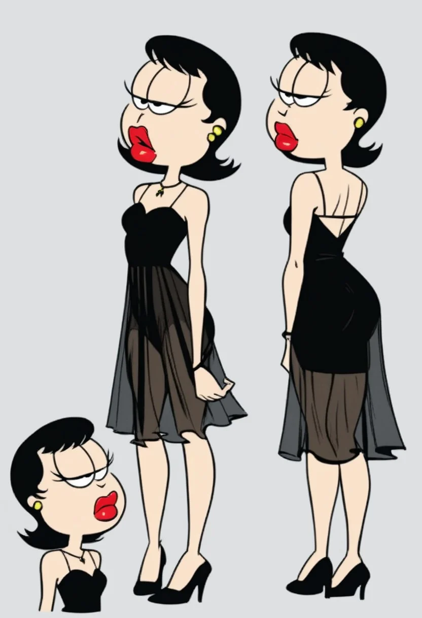 Score_9,score_up8,score_up7,score_up_6,
LizW,Black hair, red lips, big lips, black eyes, black dress,human,,cartoon eyes, solo,1 girl, bang's over eyebrows , single bang, bang over eyes, full open eyes,
Break;
sexy lingerie, underwear, see-through, simple grey background,,sexy pose, full body,, ass focus,