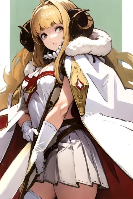 solo_focus, 1girl, (((masterpiece))), ((best quality)), ((ultra-detailed)), high resolution, absurdres, highres, ultra-detailed 8k unity wallpaper,
aniladef, cleavage, cape, white gloves, white thighhighs, pleated skirt, fur trim, pelvic curtain, white tabard